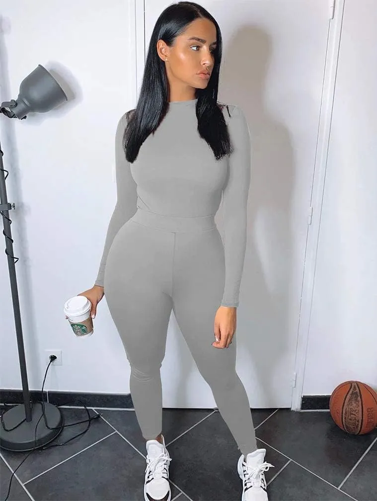GOKATOSAU Women's Sexy 2 Piece Outfits Long Sleeve Crop Top Pants Set Club Jumpsuits