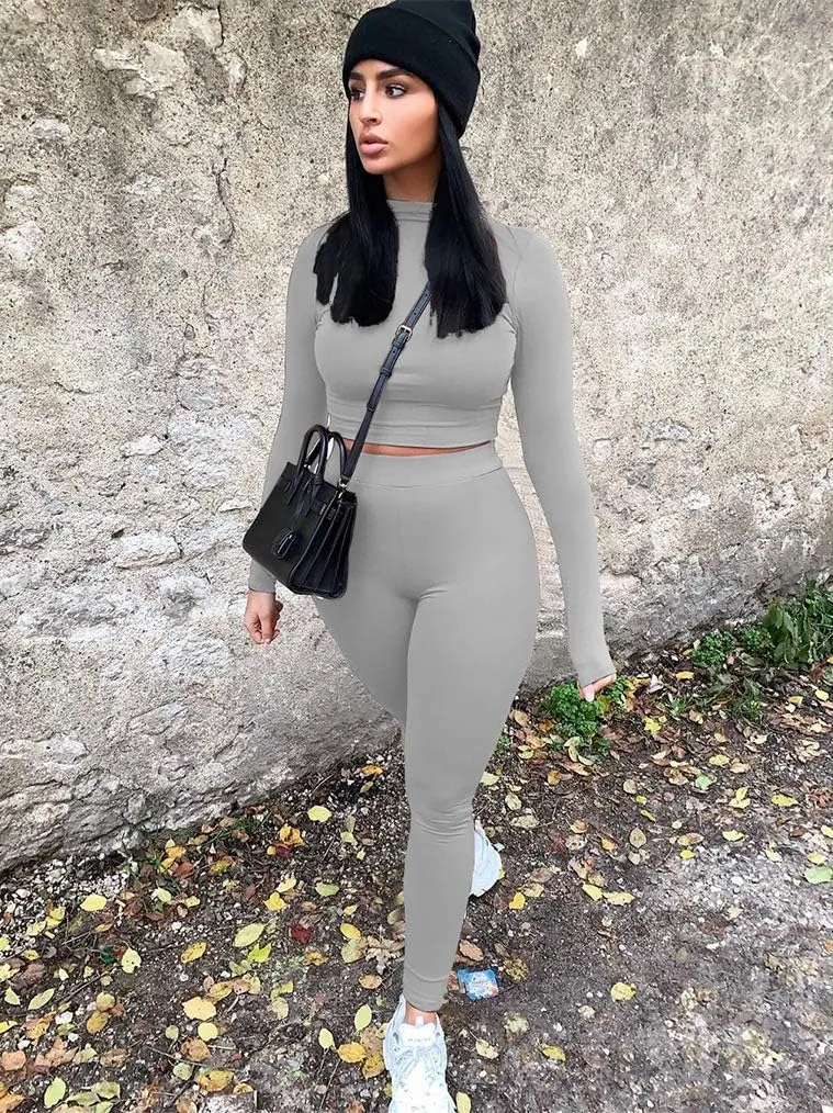 GOKATOSAU Women's Sexy 2 Piece Outfits Long Sleeve Crop Top Pants Set Club Jumpsuits