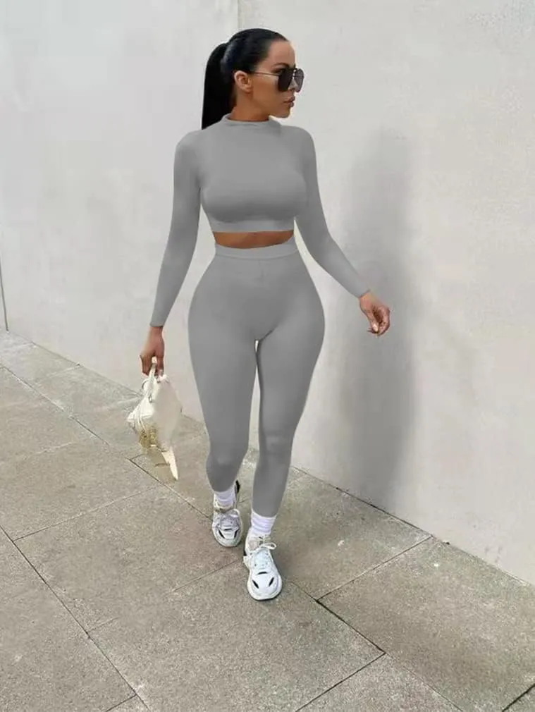 GOKATOSAU Women's Sexy 2 Piece Outfits Long Sleeve Crop Top Pants Set Club Jumpsuits