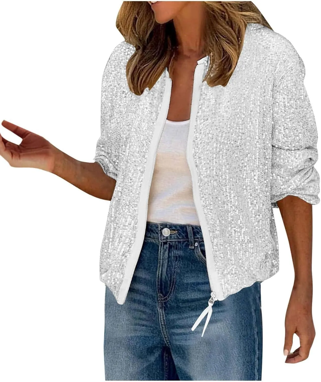 GOKKILRW Womens Sparkly Sequin Coat Lightweight Y2k Shiny Glitter Party Bomber Jacket Zip Up Casual Concert Going Out Outwear