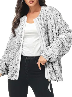 GOKKILRW Womens Sparkly Sequin Coat Lightweight Y2k Shiny Glitter Party Bomber Jacket Zip Up Casual Concert Going Out Outwear