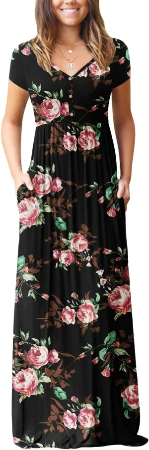 GRECERELLE Womens Long Maxi Dresses 2025 Short Sleeve V Neck Casual Summer Button Dress with Pockets