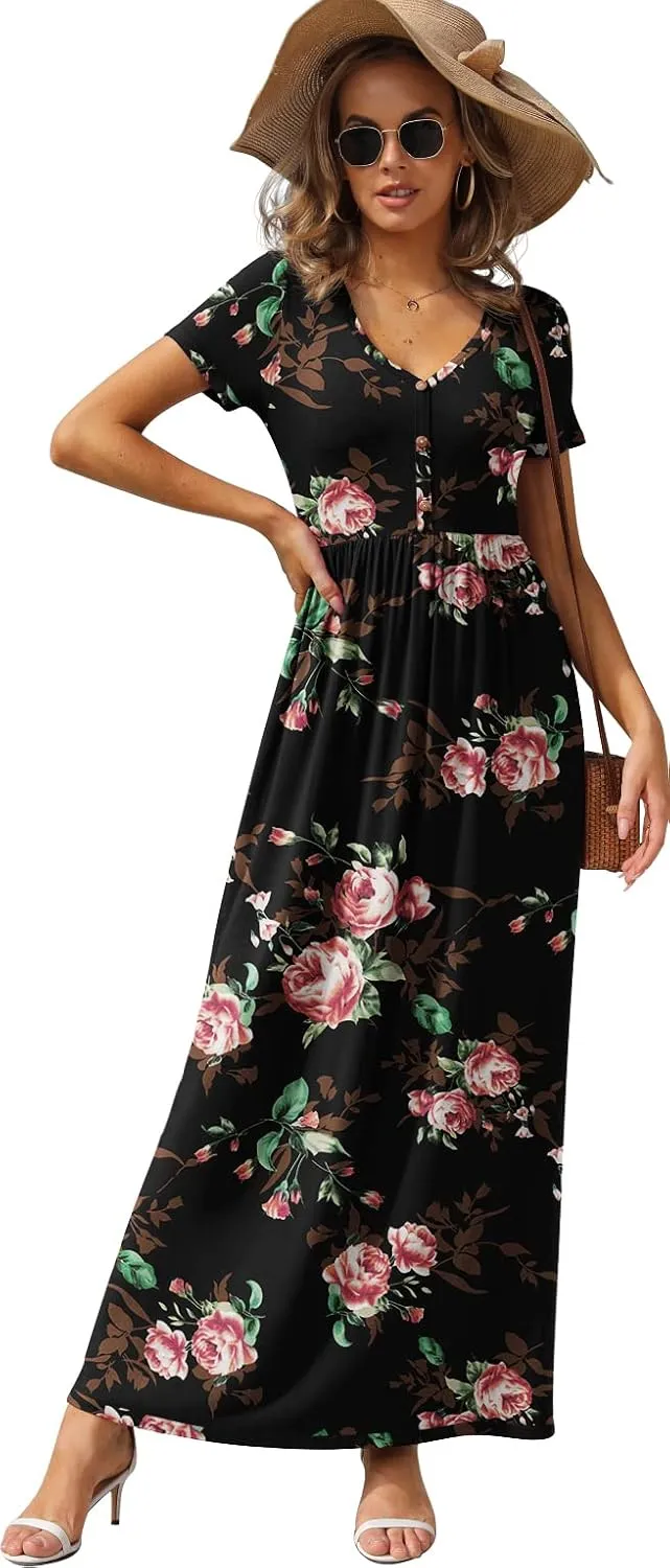 GRECERELLE Womens Long Maxi Dresses 2025 Short Sleeve V Neck Casual Summer Button Dress with Pockets