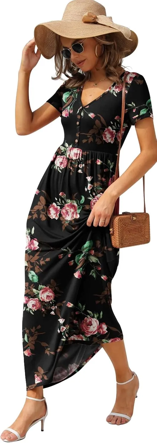 GRECERELLE Womens Long Maxi Dresses 2025 Short Sleeve V Neck Casual Summer Button Dress with Pockets