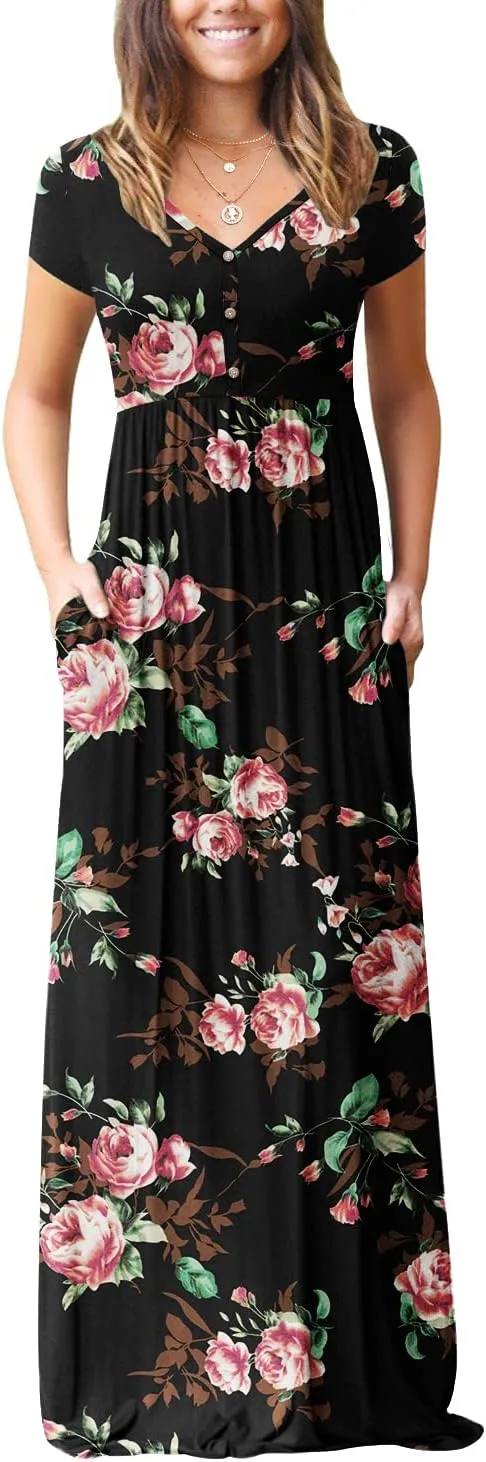 GRECERELLE Womens Long Maxi Dresses 2025 Short Sleeve V Neck Casual Summer Button Dress with Pockets