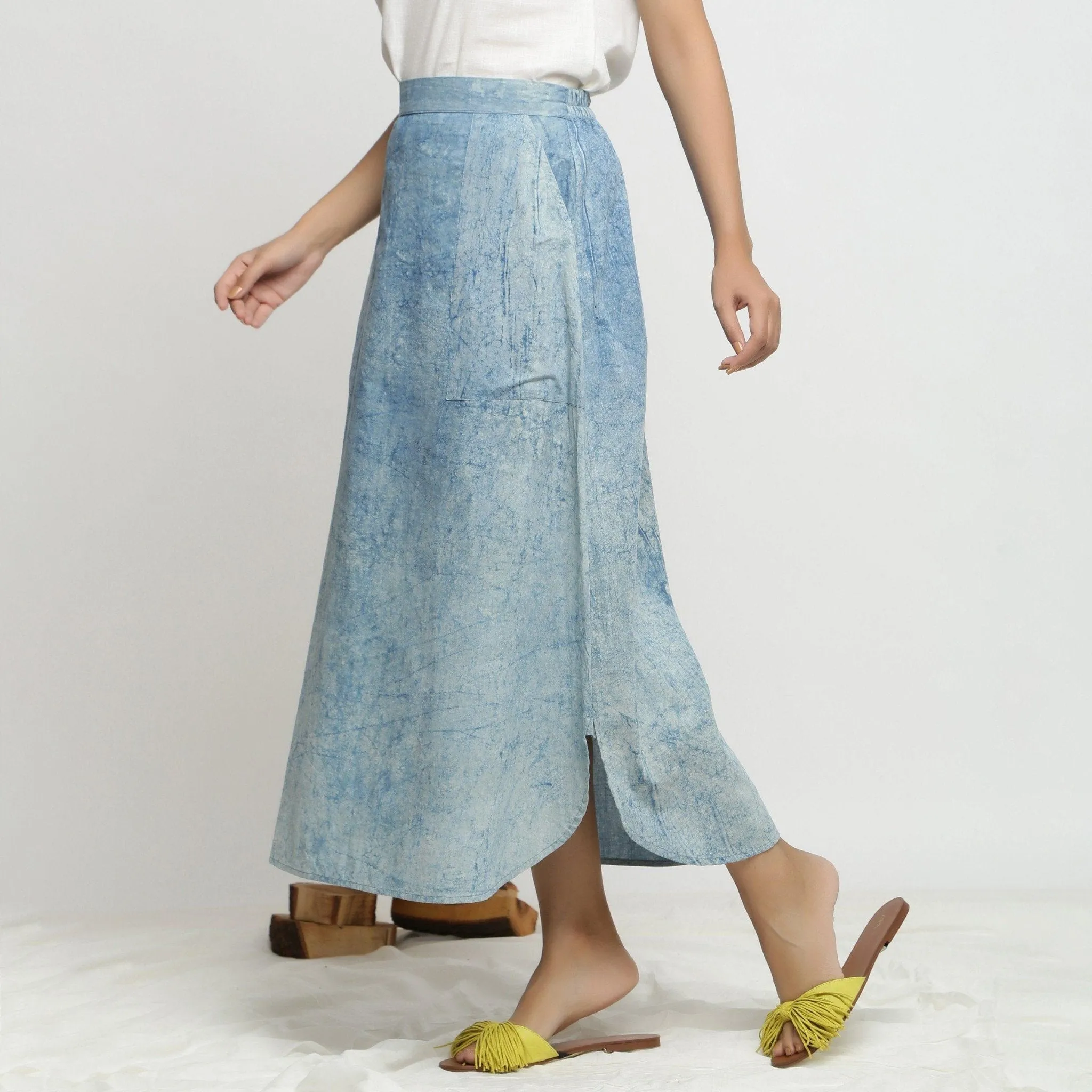 Indigo Dabu Print Cotton Elasticated A-Line Maxi Skirt