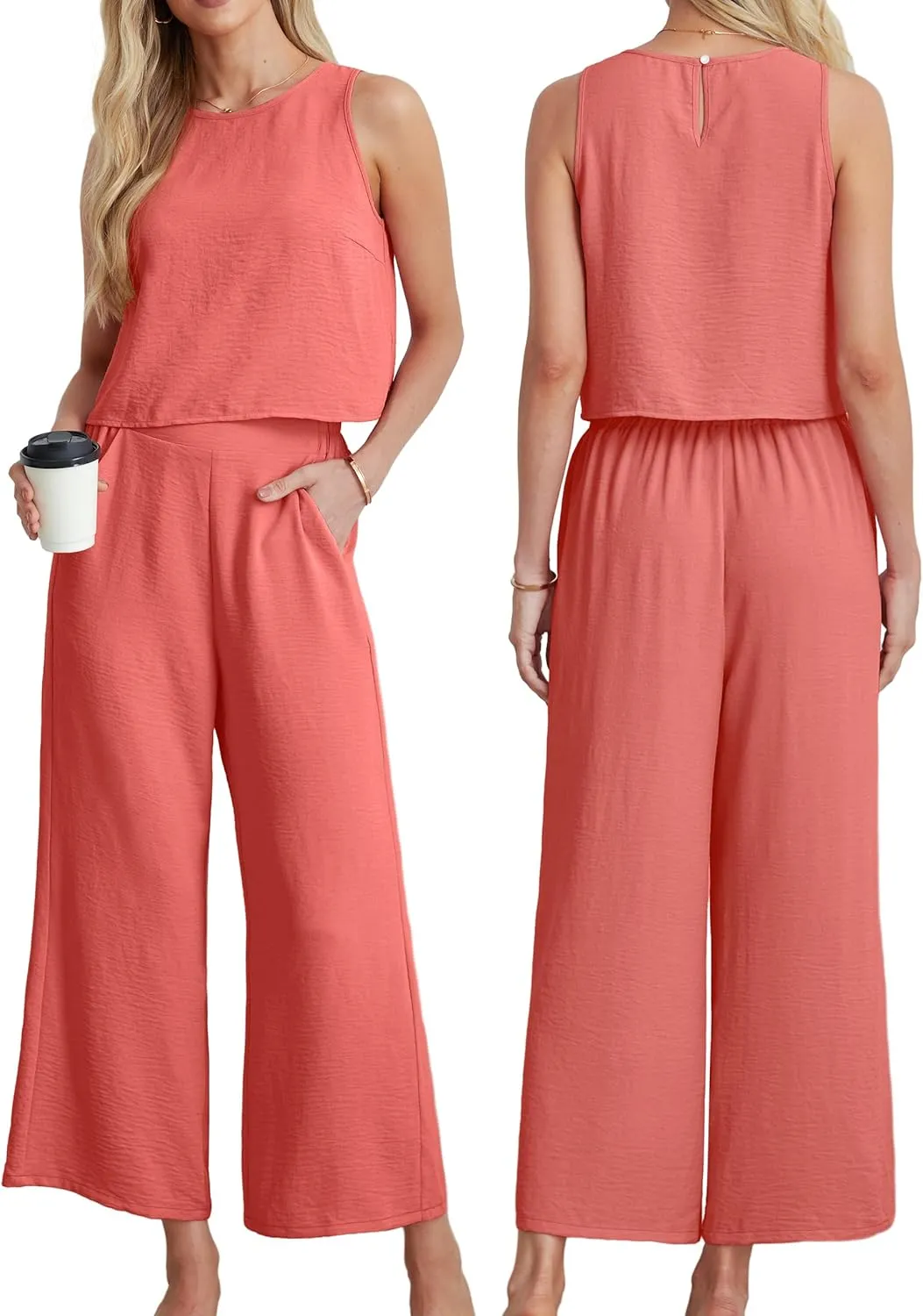 IWOLLENCE Women's Summer 2 Piece Outfits Set Round neck Sleeveless Tank Crop Top Wide Leg pants Set Pockets Jumpsuits