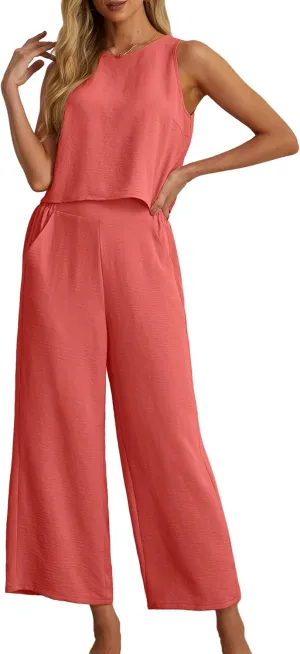 IWOLLENCE Women's Summer 2 Piece Outfits Set Round neck Sleeveless Tank Crop Top Wide Leg pants Set Pockets Jumpsuits