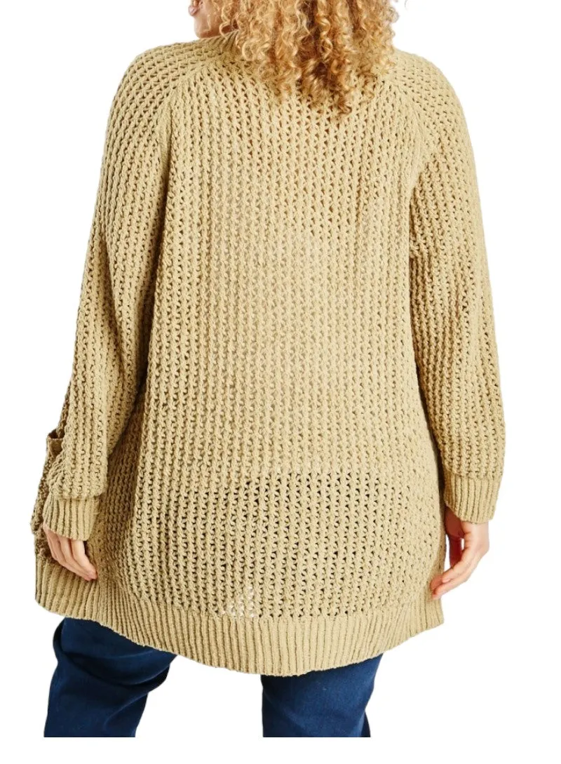Ladies Chunky Knit Open Flap Collar Neck Front Pocket Cardigan
