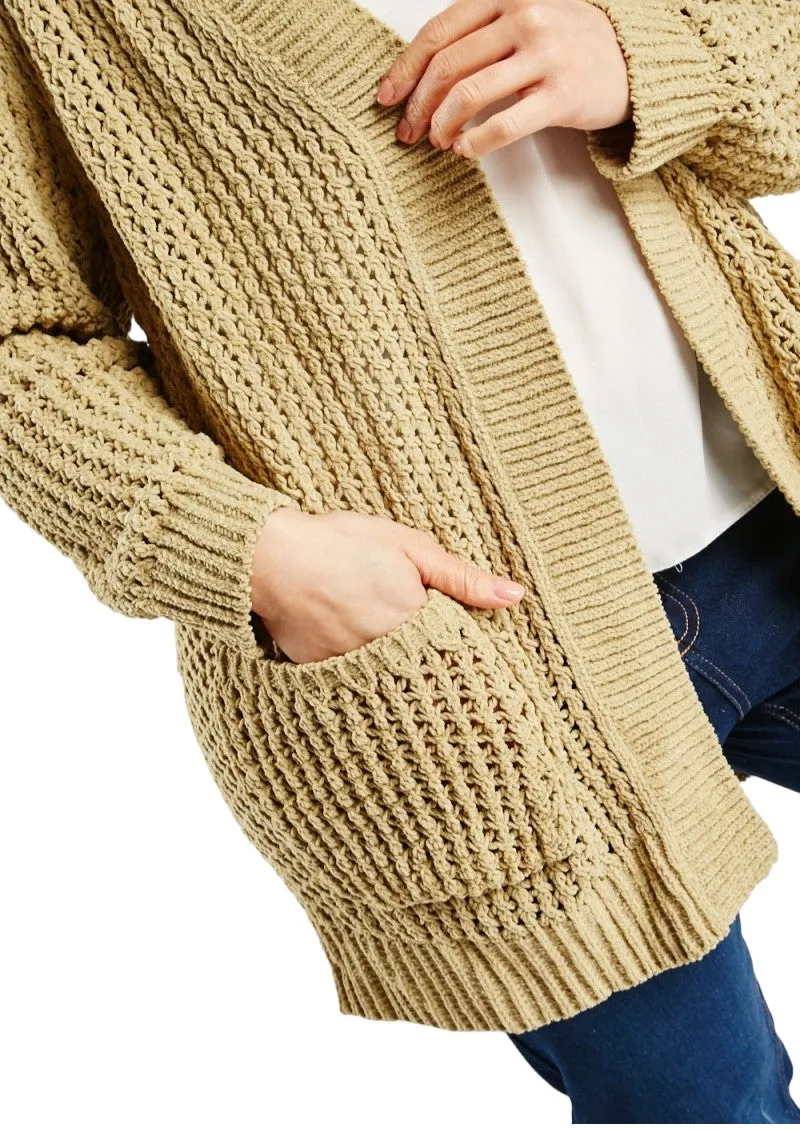 Ladies Chunky Knit Open Flap Collar Neck Front Pocket Cardigan