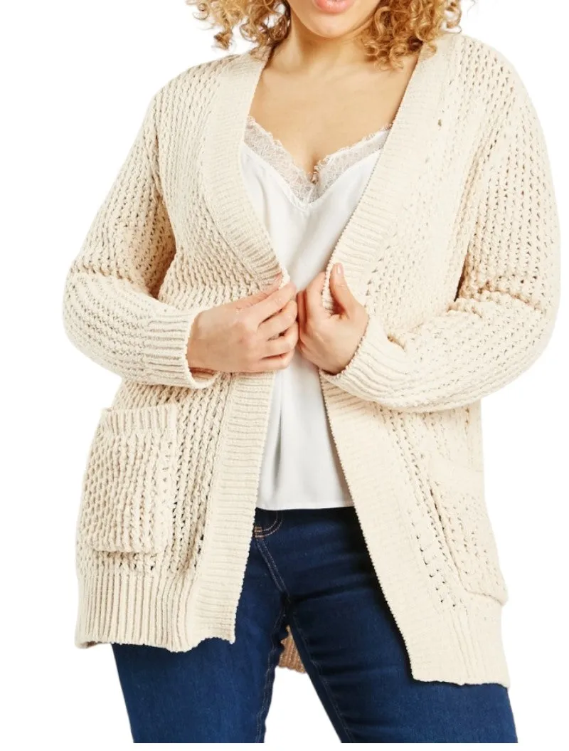 Ladies Chunky Knit Open Flap Collar Neck Front Pocket Cardigan