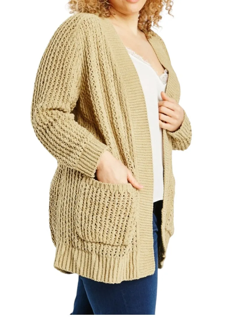 Ladies Chunky Knit Open Flap Collar Neck Front Pocket Cardigan