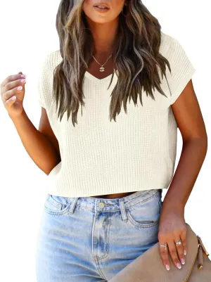 LCXWFE Womens Summer Cropped Sweater Vest Trendy Cap Sleeve Crop Tops Crew Neck Loose Knit Tank Top