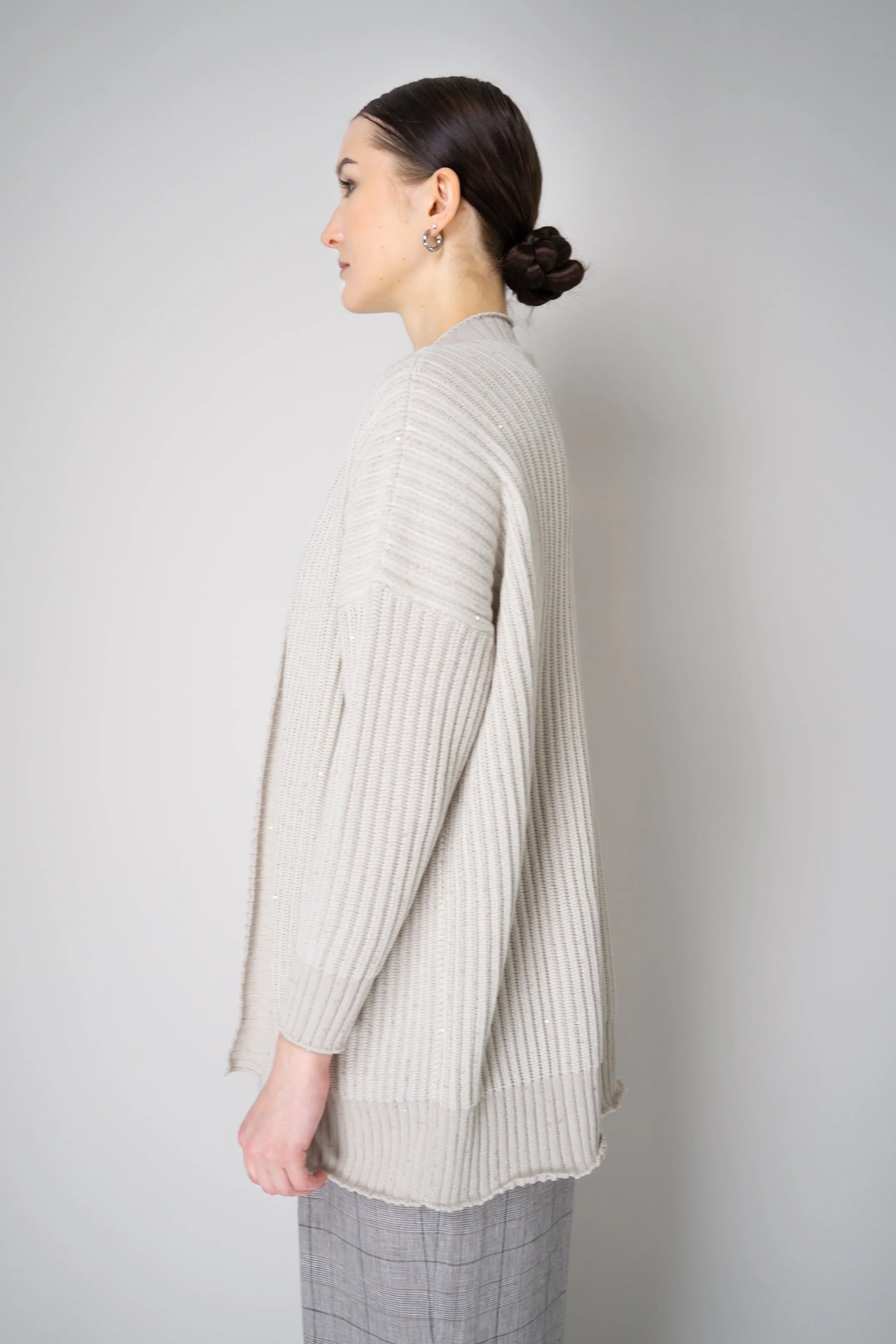 Lorena Antoniazzi Cotton Blend Chunky Knit Open Front Cardigan with Sequin Details in Oat