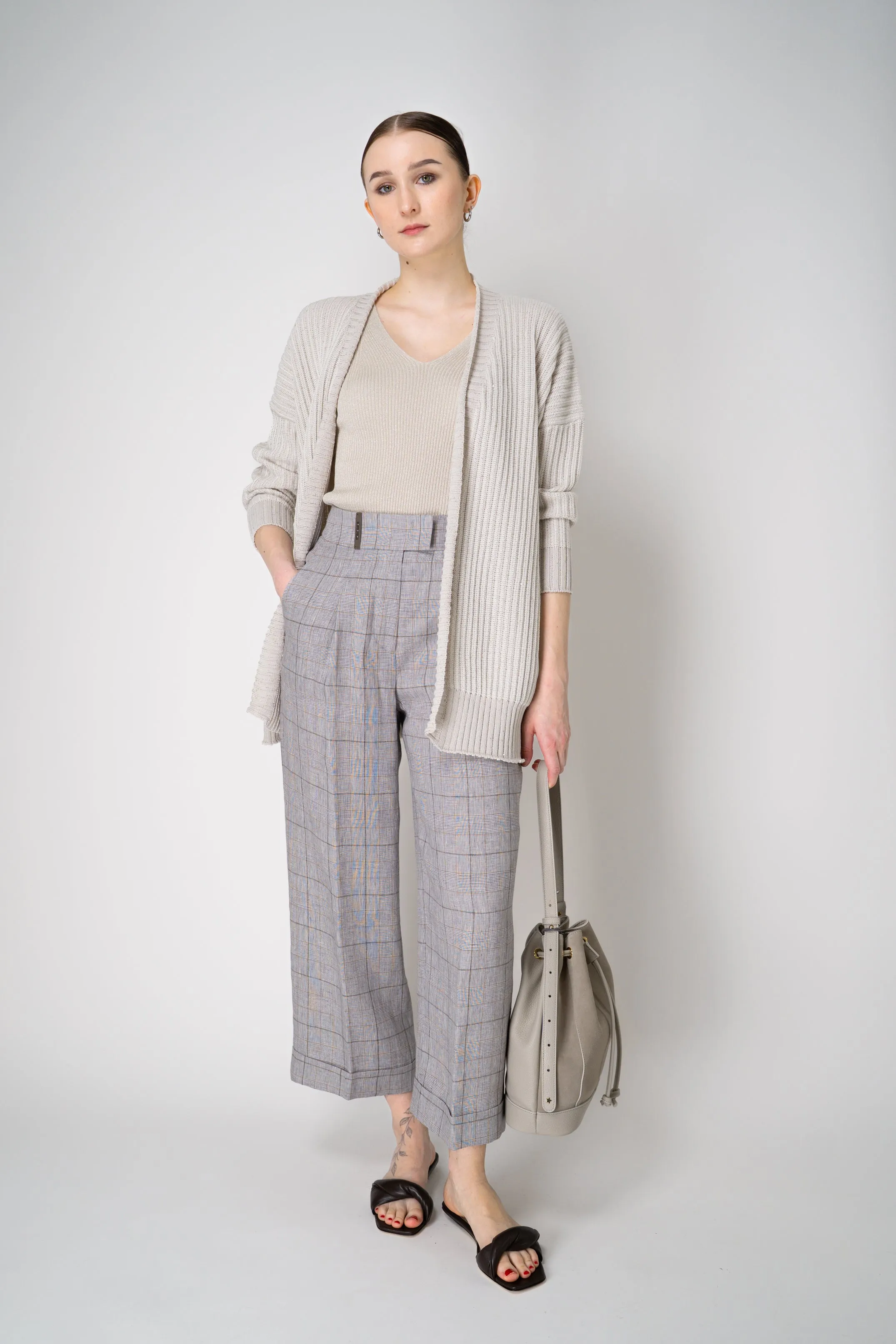 Lorena Antoniazzi Cotton Blend Chunky Knit Open Front Cardigan with Sequin Details in Oat