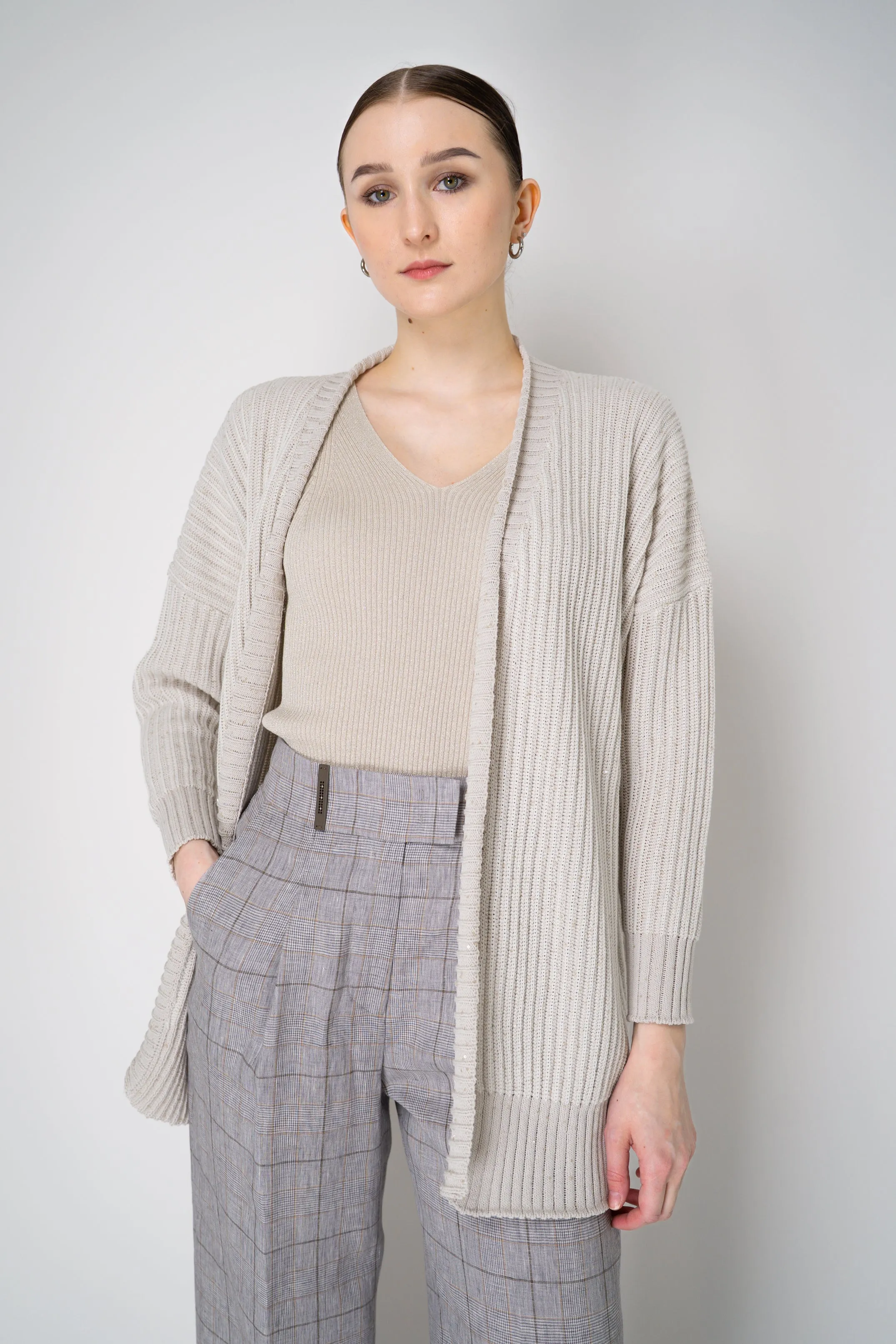 Lorena Antoniazzi Cotton Blend Chunky Knit Open Front Cardigan with Sequin Details in Oat