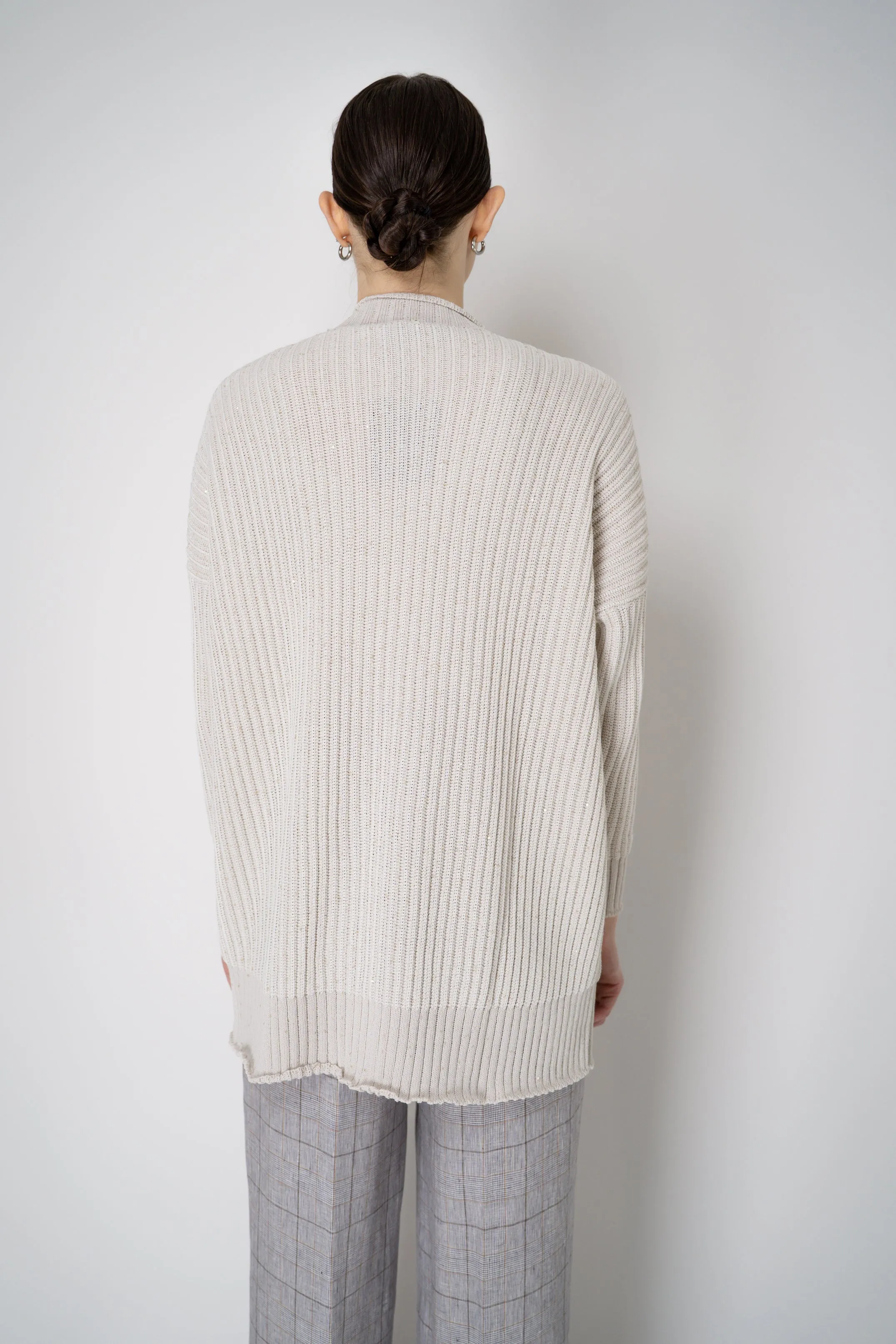 Lorena Antoniazzi Cotton Blend Chunky Knit Open Front Cardigan with Sequin Details in Oat