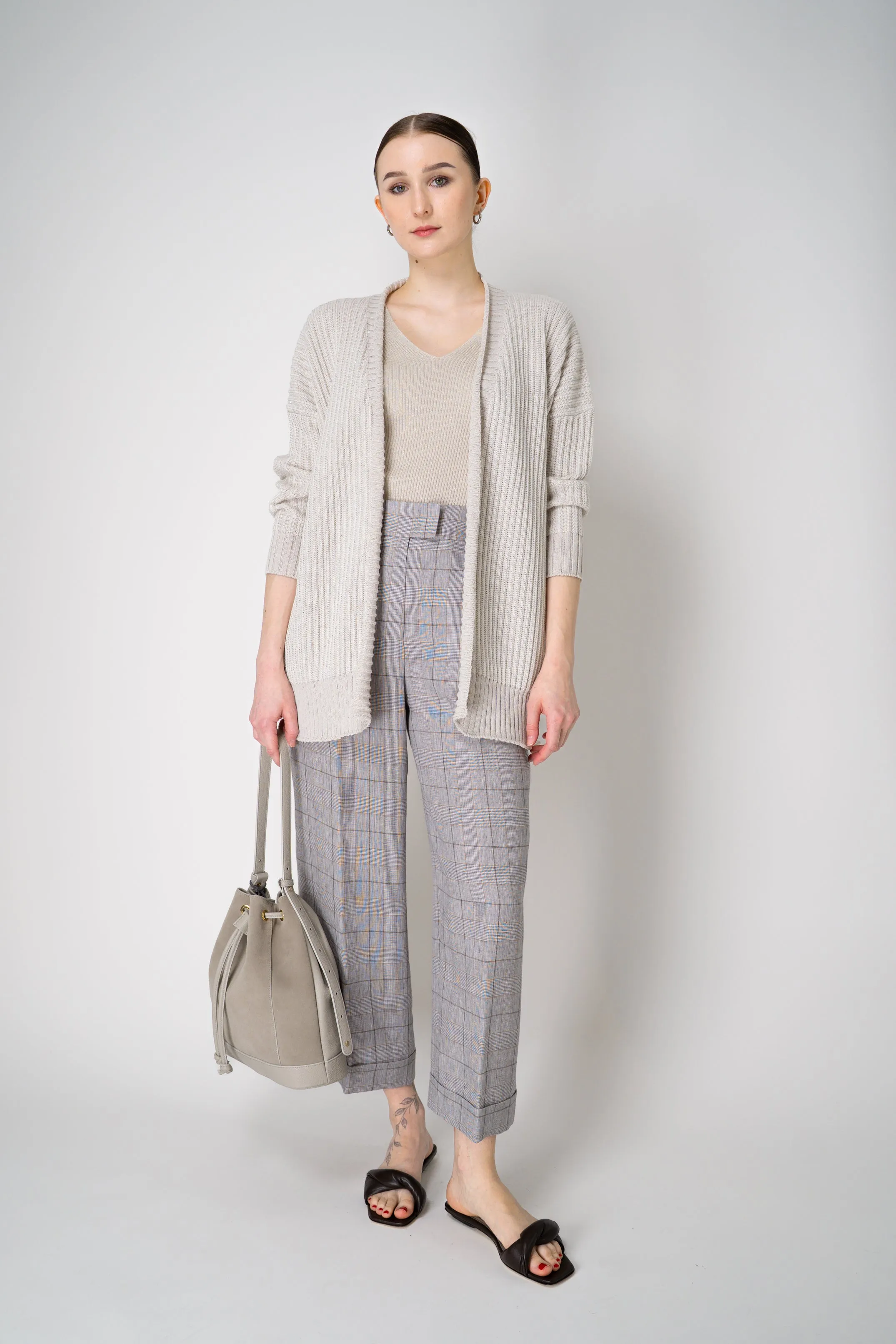 Lorena Antoniazzi Cotton Blend Chunky Knit Open Front Cardigan with Sequin Details in Oat
