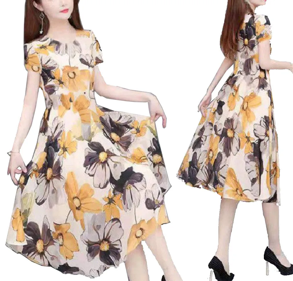 MariaKinz Women Floral Summer Casual Short Sleeve Knee Length Dress