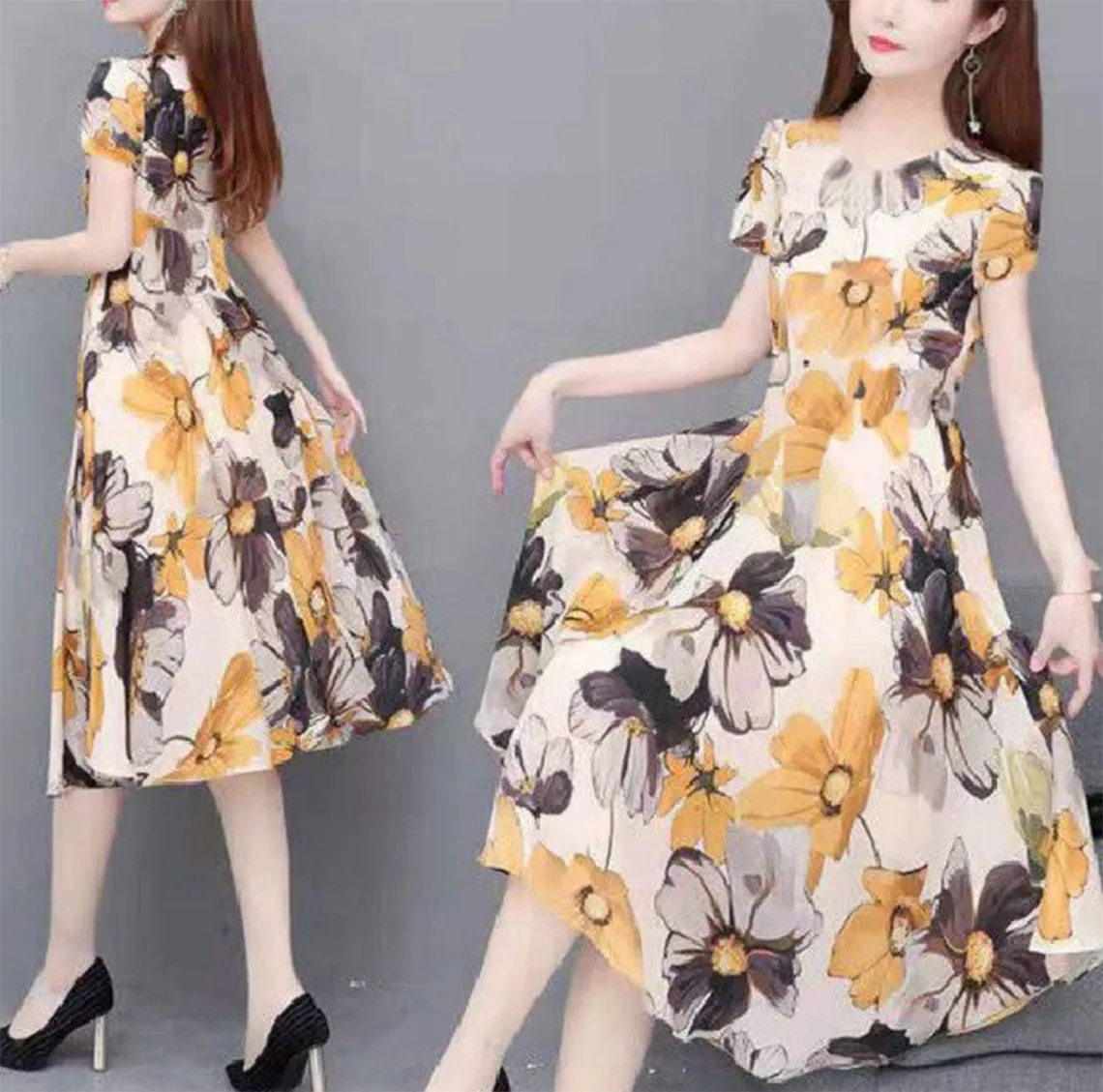 MariaKinz Women Floral Summer Casual Short Sleeve Knee Length Dress