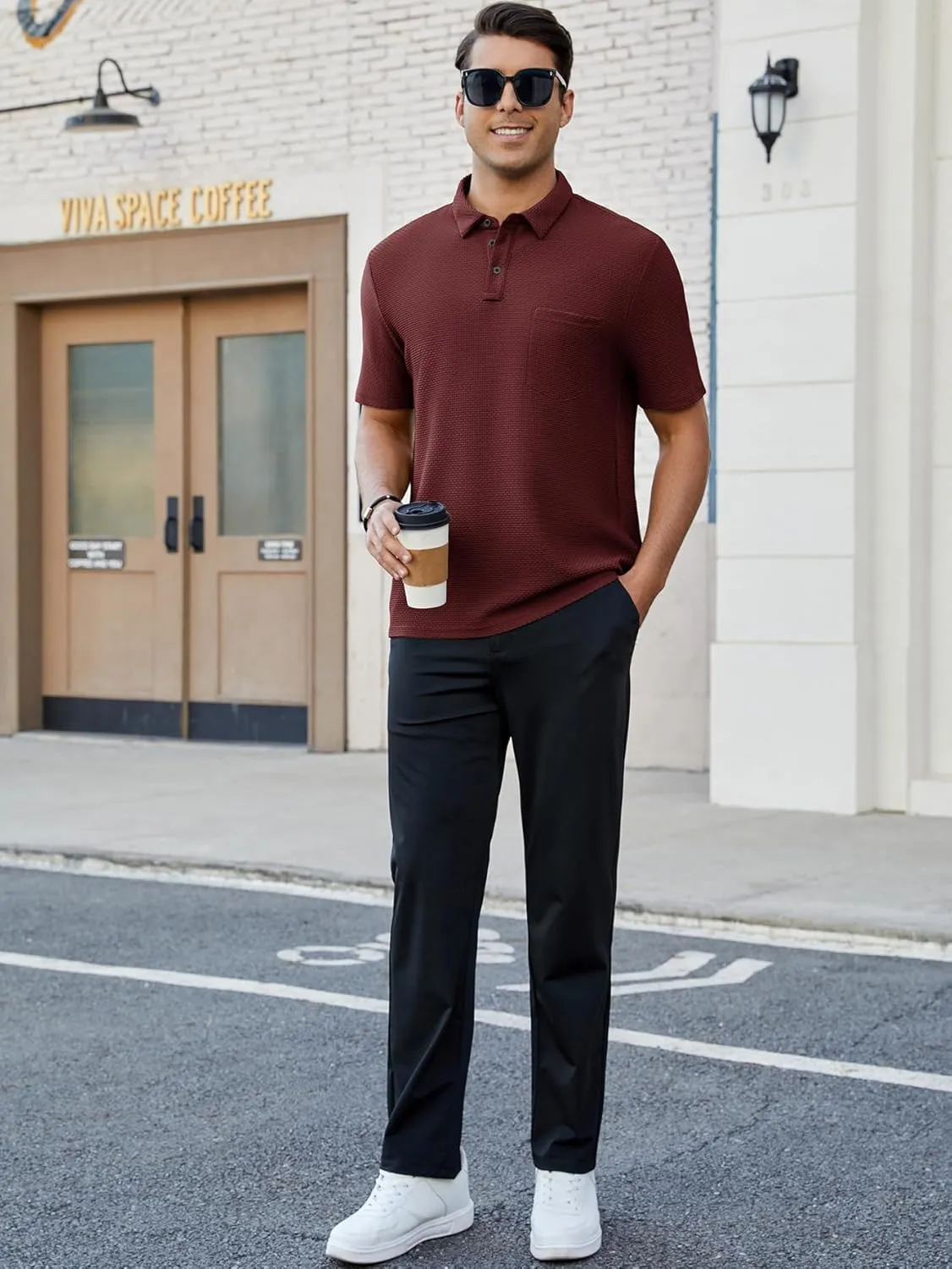Men's Casual Short Sleeve Bubble Jacquard Polo Shirt Solid Collared T-Shirt Golf Polo Shirts with Pocket