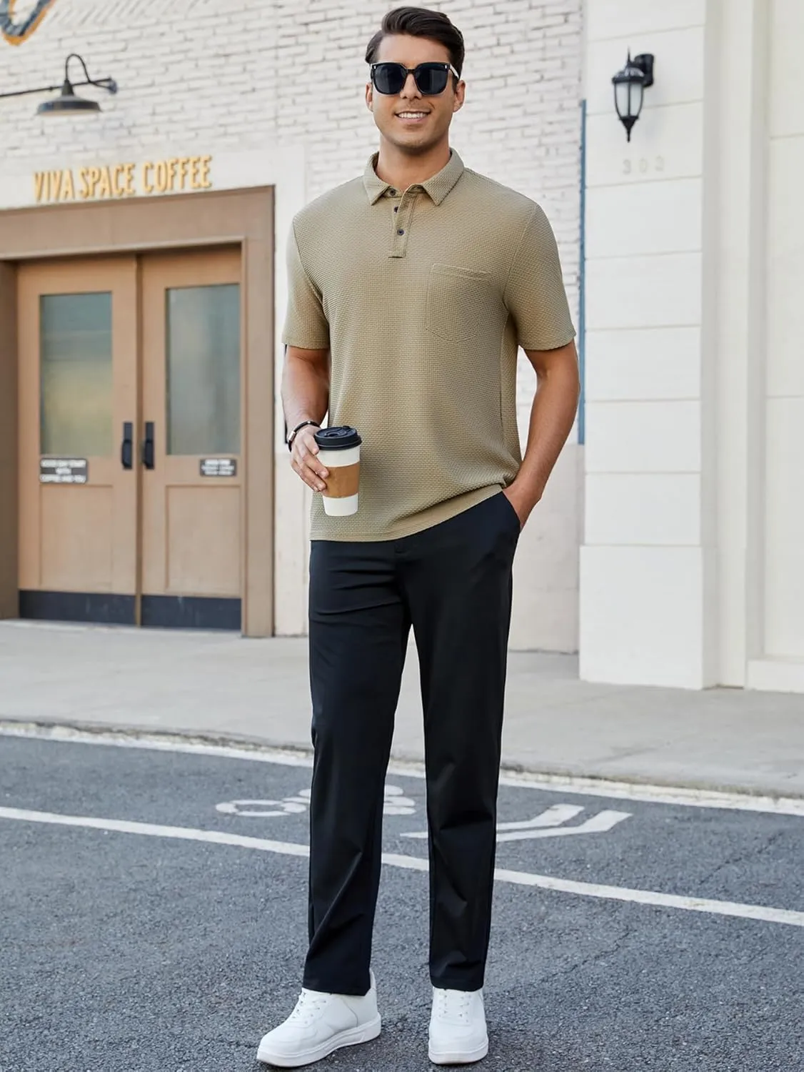 Men's Casual Short Sleeve Bubble Jacquard Polo Shirt Solid Collared T-Shirt Golf Polo Shirts with Pocket