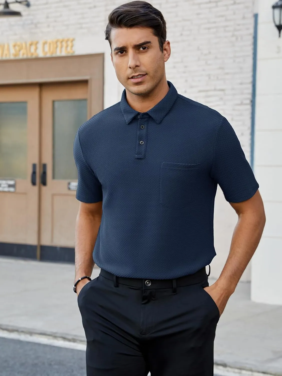 Men's Casual Short Sleeve Bubble Jacquard Polo Shirt Solid Collared T-Shirt Golf Polo Shirts with Pocket