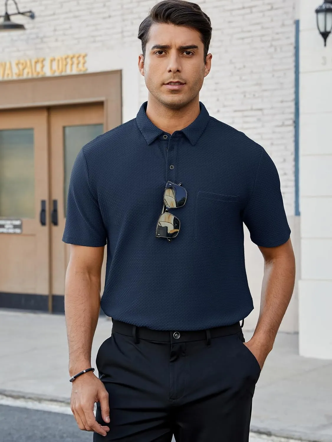 Men's Casual Short Sleeve Bubble Jacquard Polo Shirt Solid Collared T-Shirt Golf Polo Shirts with Pocket