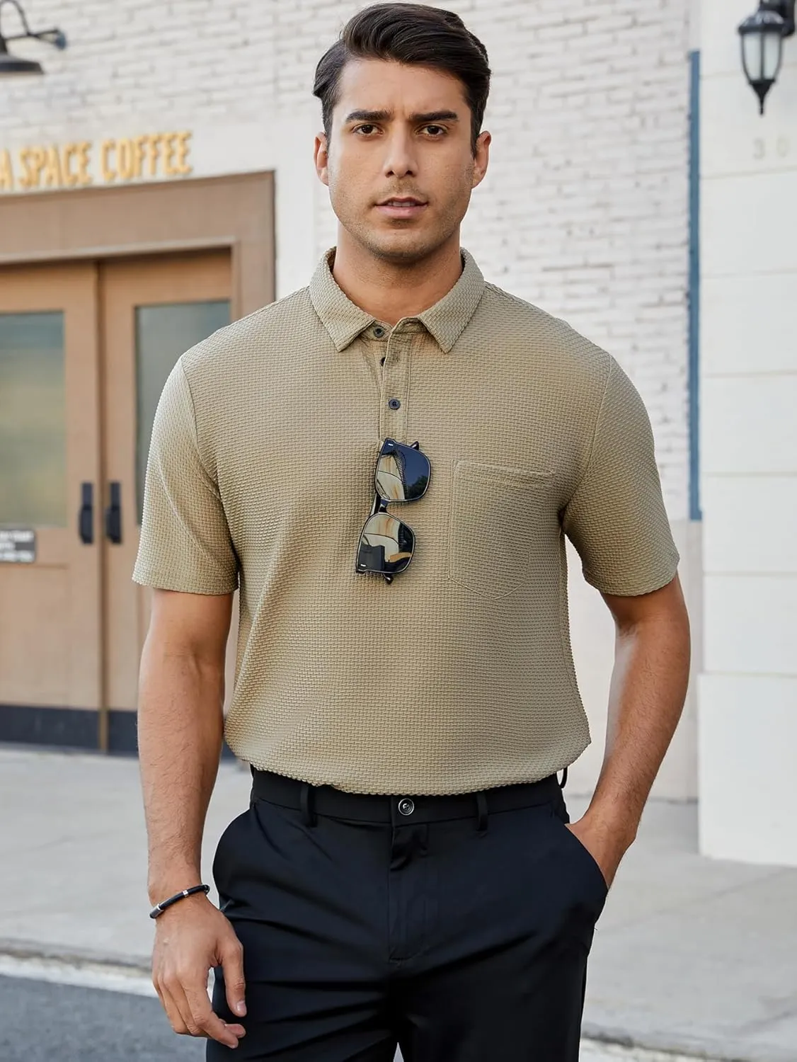 Men's Casual Short Sleeve Bubble Jacquard Polo Shirt Solid Collared T-Shirt Golf Polo Shirts with Pocket
