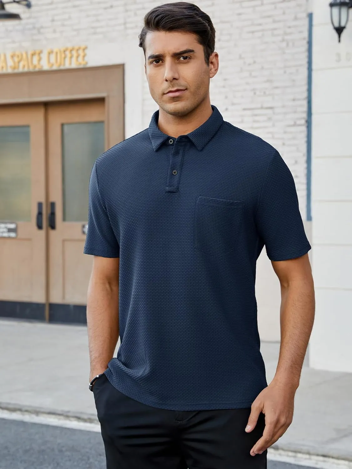 Men's Casual Short Sleeve Bubble Jacquard Polo Shirt Solid Collared T-Shirt Golf Polo Shirts with Pocket