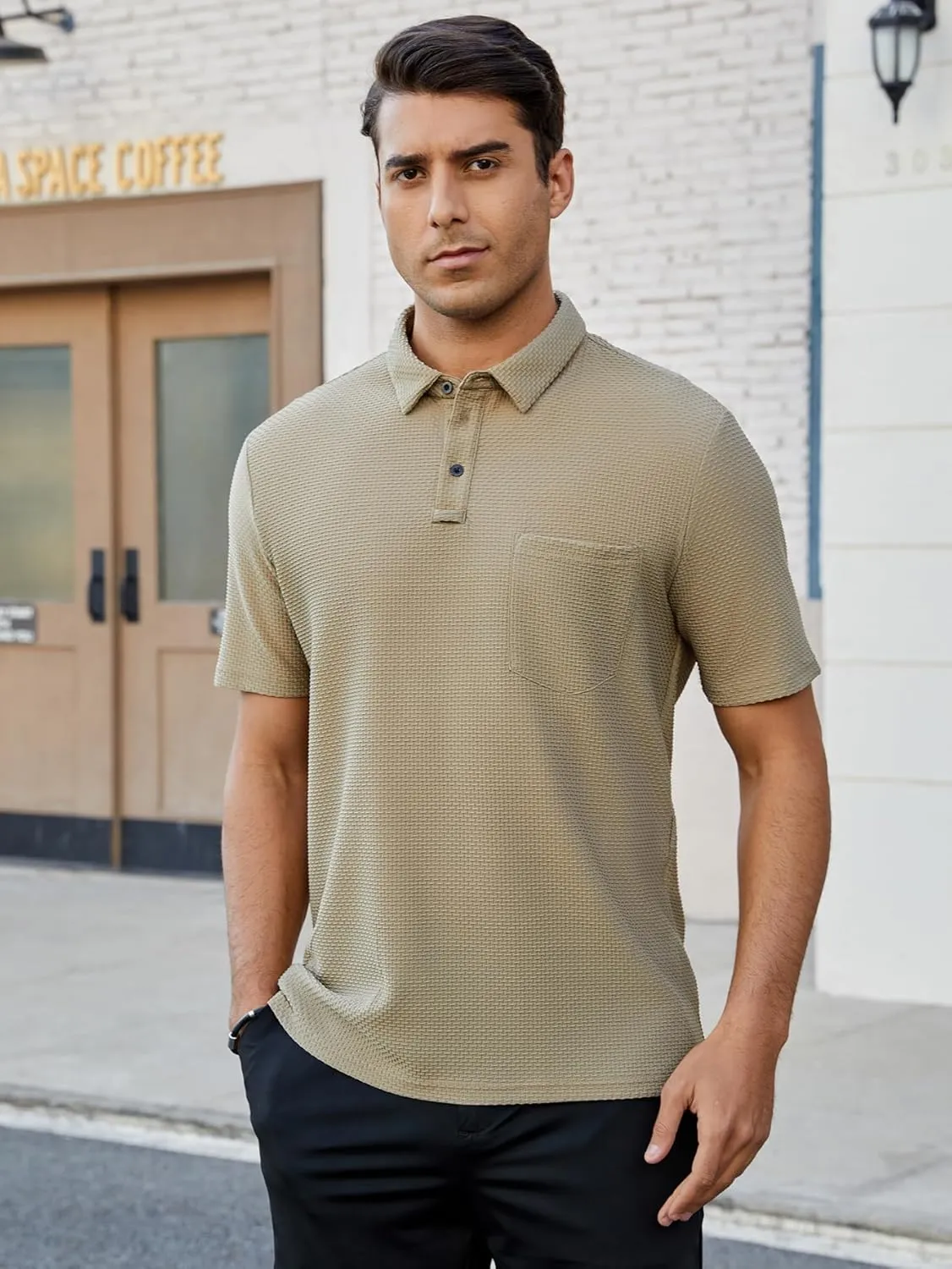 Men's Casual Short Sleeve Bubble Jacquard Polo Shirt Solid Collared T-Shirt Golf Polo Shirts with Pocket