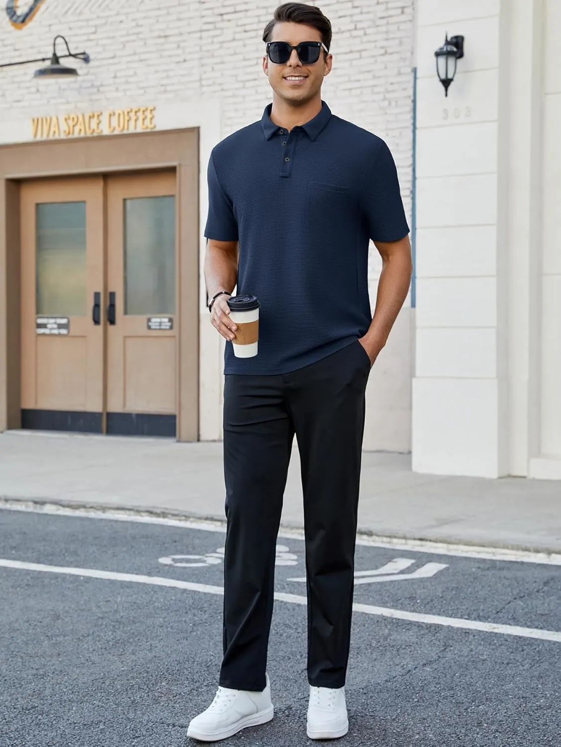 Men's Casual Short Sleeve Bubble Jacquard Polo Shirt Solid Collared T-Shirt Golf Polo Shirts with Pocket