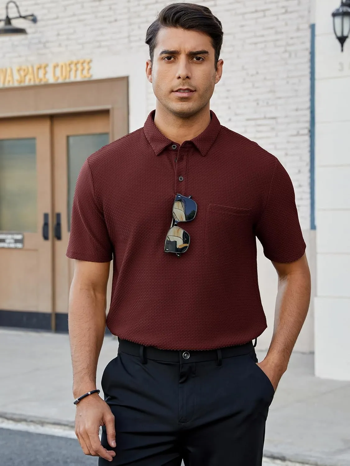 Men's Casual Short Sleeve Bubble Jacquard Polo Shirt Solid Collared T-Shirt Golf Polo Shirts with Pocket