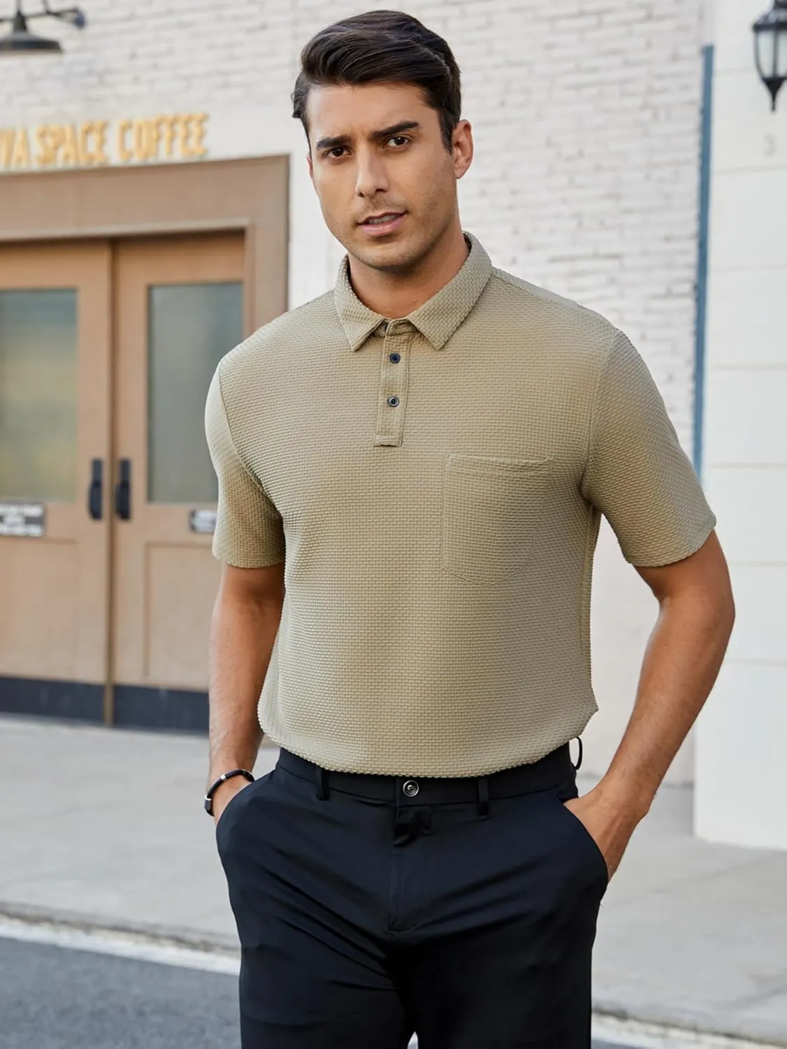 Men's Casual Short Sleeve Bubble Jacquard Polo Shirt Solid Collared T-Shirt Golf Polo Shirts with Pocket