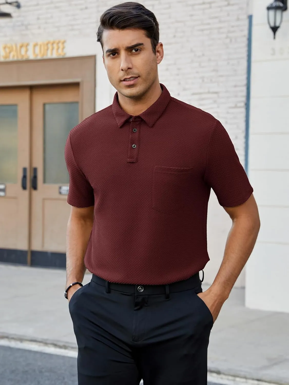 Men's Casual Short Sleeve Bubble Jacquard Polo Shirt Solid Collared T-Shirt Golf Polo Shirts with Pocket