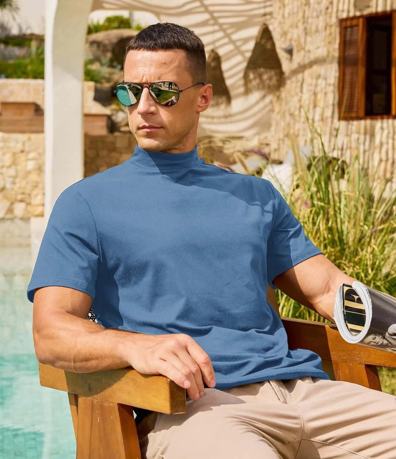 Men's Mock Turtleneck Short Sleeve Soft Lightweight Casual Basic T-Shirts Solid Pullover Tops