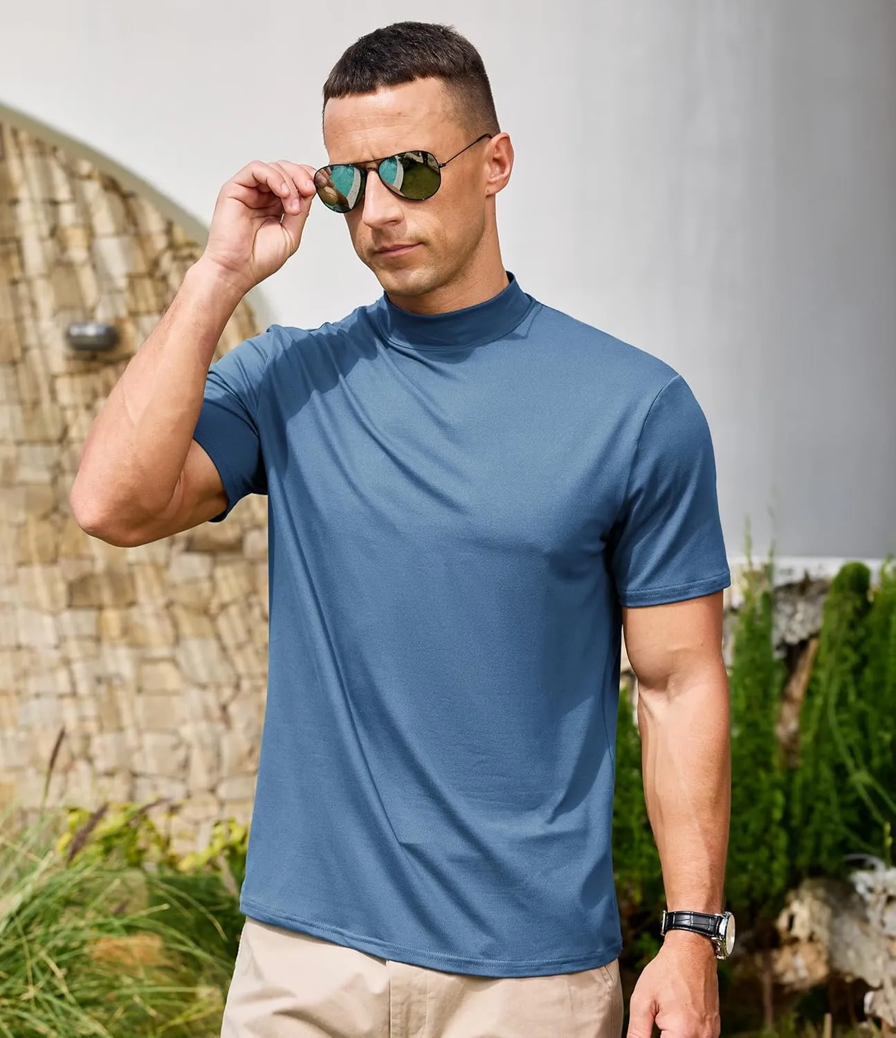 Men's Mock Turtleneck Short Sleeve Soft Lightweight Casual Basic T-Shirts Solid Pullover Tops