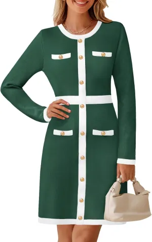MEROKEETY Women's Long Sleeve Bodycon Sweater Dress Crewneck Color Block Button Knit Formal Midi Dresses