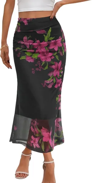 MEROKEETY Women's Summer Floral Mesh Midi Skirt 2025 Casual Trendy High Waist Ruched Boho Skirts