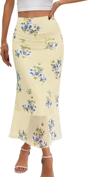 MEROKEETY Women's Summer Floral Mesh Midi Skirt 2025 Casual Trendy High Waist Ruched Boho Skirts