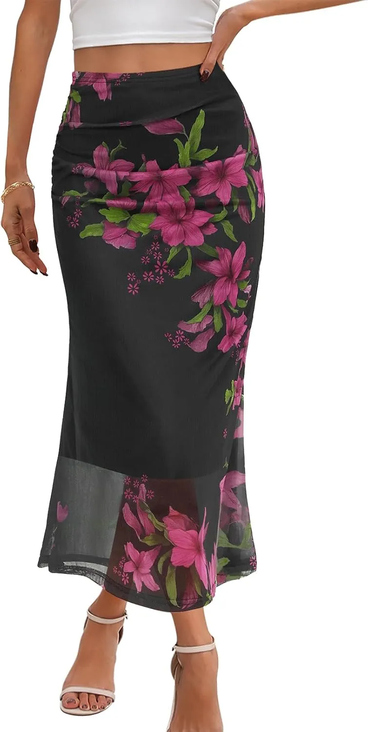 MEROKEETY Women's Summer Floral Mesh Midi Skirt 2025 Casual Trendy High Waist Ruched Boho Skirts