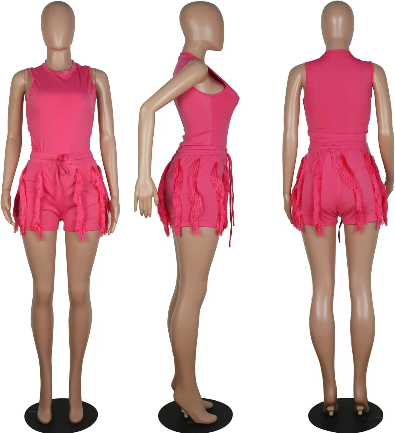 MESLIMA Women's 2 Piece Outfits Sleeveless Bodysuits Jumpsuits with High Waist Drawstring Fringe Shorts Set Tracksuits