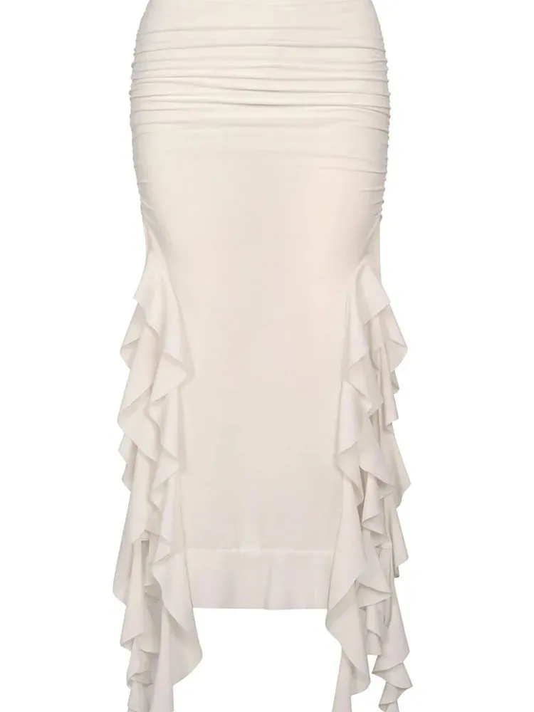 Metallic/Solid Ruched Hollow Out Tassel Design Side Slit Bodycon Maxi Skirt