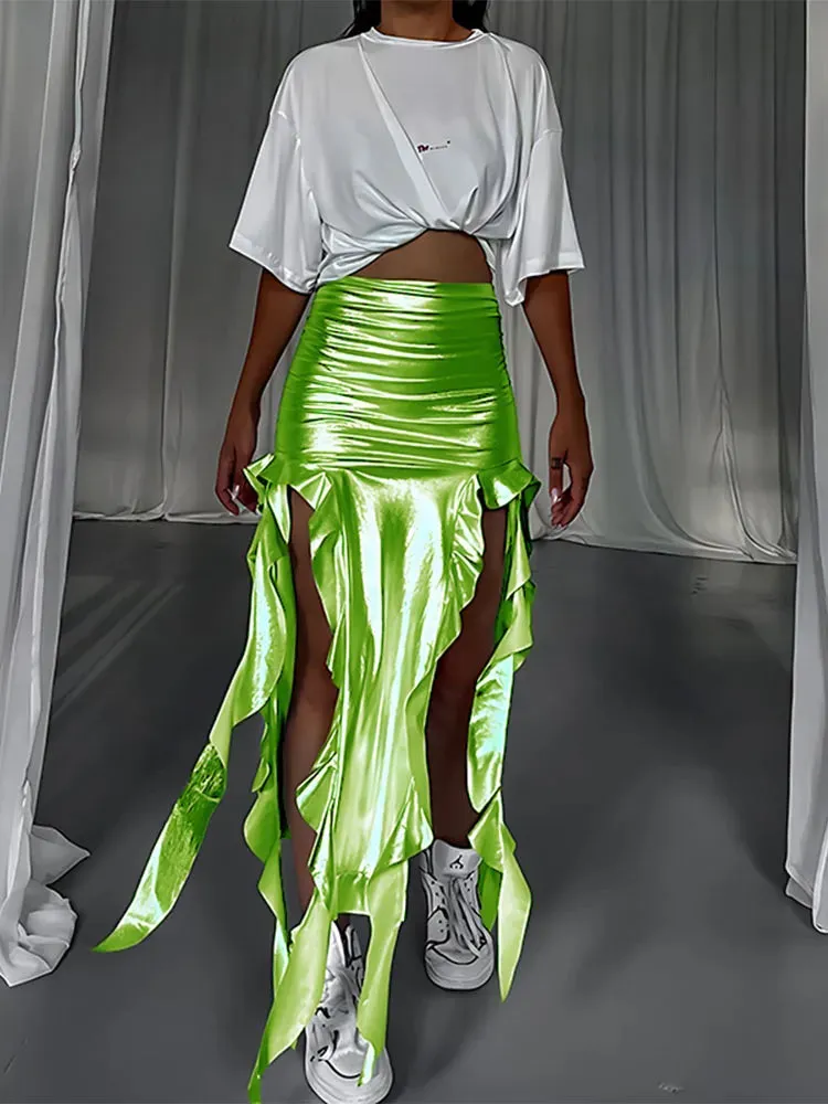 Metallic/Solid Ruched Hollow Out Tassel Design Side Slit Bodycon Maxi Skirt