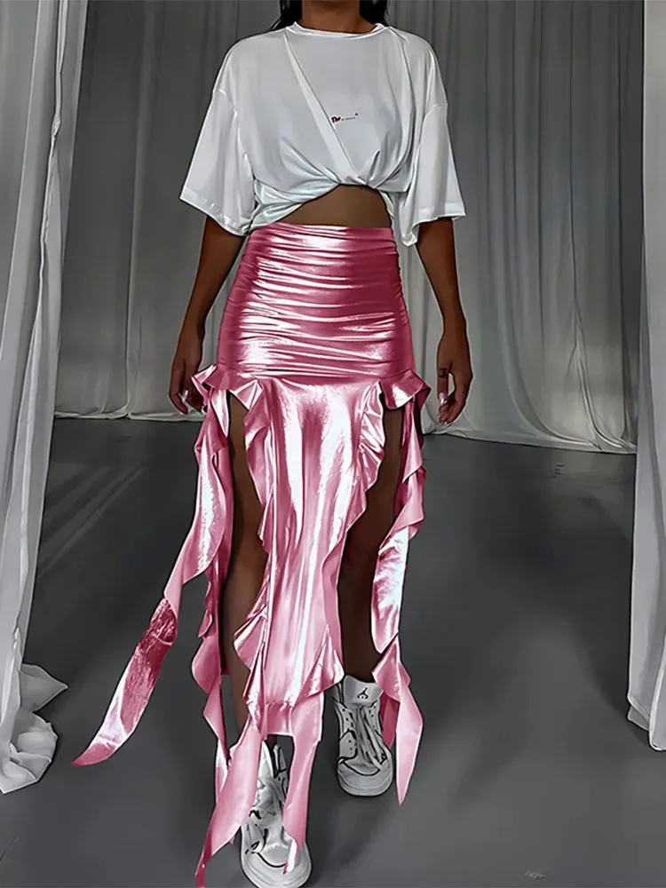 Metallic/Solid Ruched Hollow Out Tassel Design Side Slit Bodycon Maxi Skirt