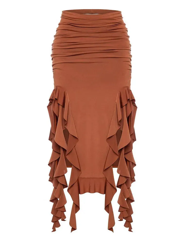 Metallic/Solid Ruched Hollow Out Tassel Design Side Slit Bodycon Maxi Skirt