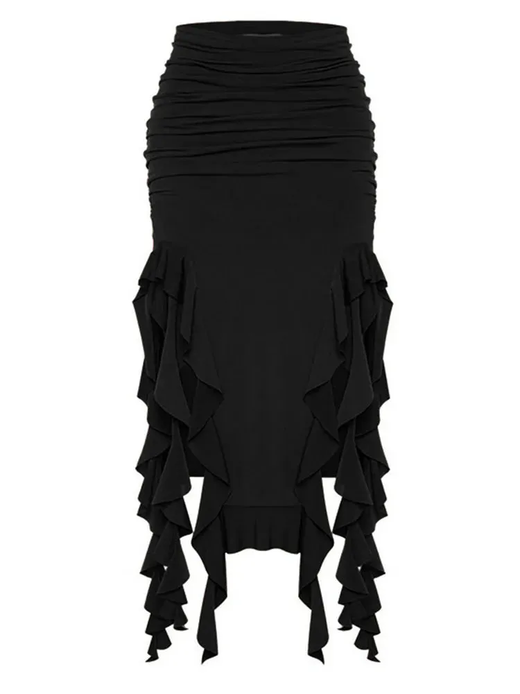 Metallic/Solid Ruched Hollow Out Tassel Design Side Slit Bodycon Maxi Skirt