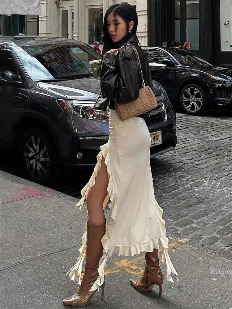 Metallic/Solid Ruched Hollow Out Tassel Design Side Slit Bodycon Maxi Skirt