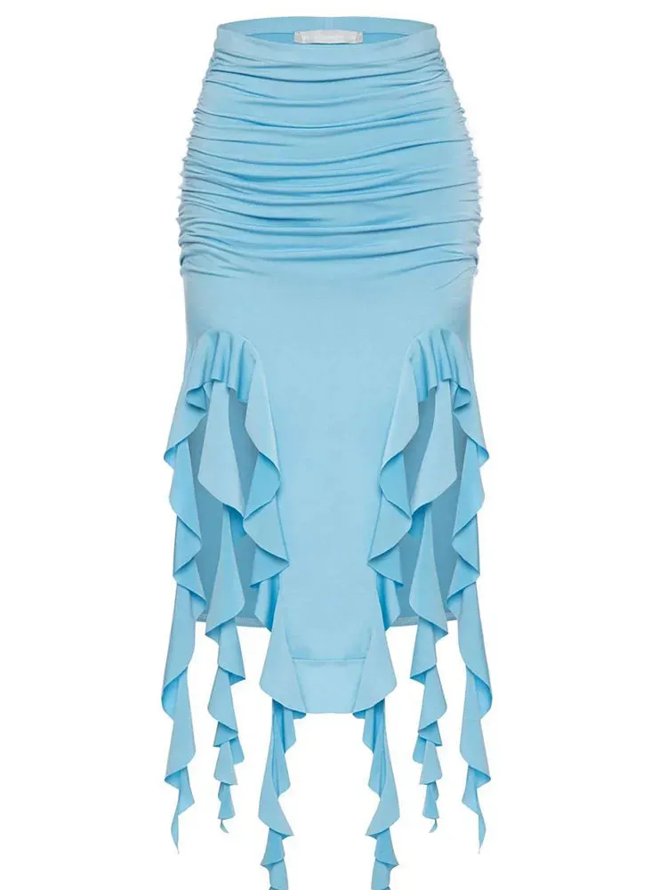 Metallic/Solid Ruched Hollow Out Tassel Design Side Slit Bodycon Maxi Skirt