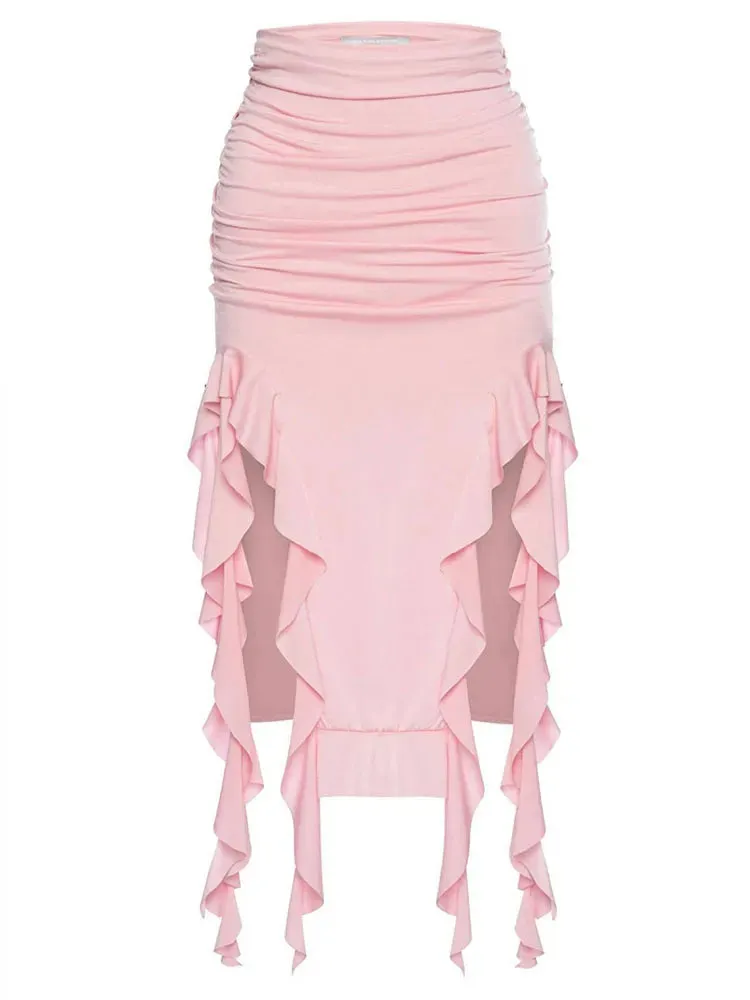 Metallic/Solid Ruched Hollow Out Tassel Design Side Slit Bodycon Maxi Skirt